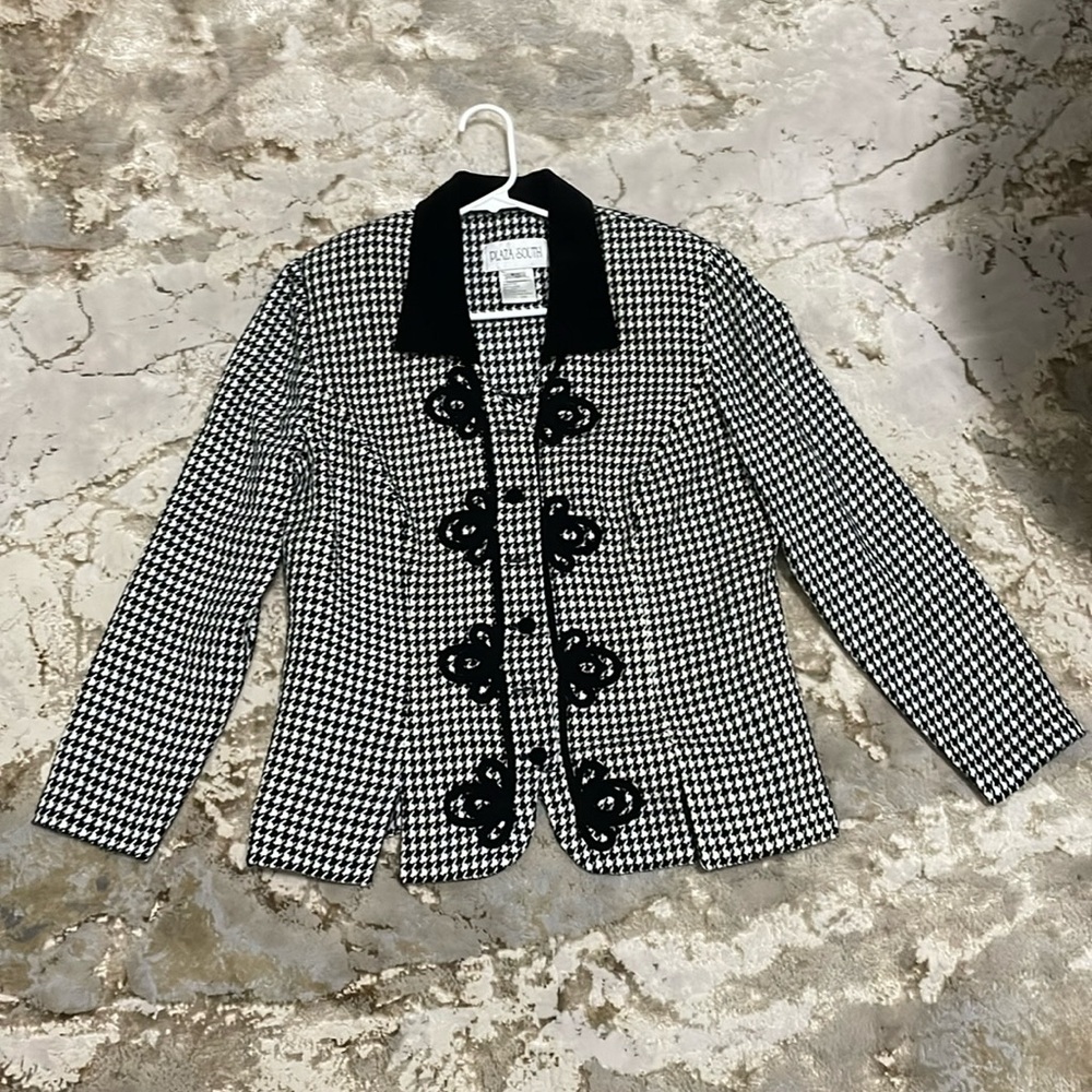 Plaza South Vintage Houndstooth Blazer black n white Velvet Trim  woman’s 14